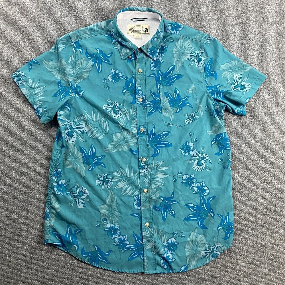 Seapointe Shirt Men's Large Blue Hawaiian Button Down Short Sleeve Polyester‎